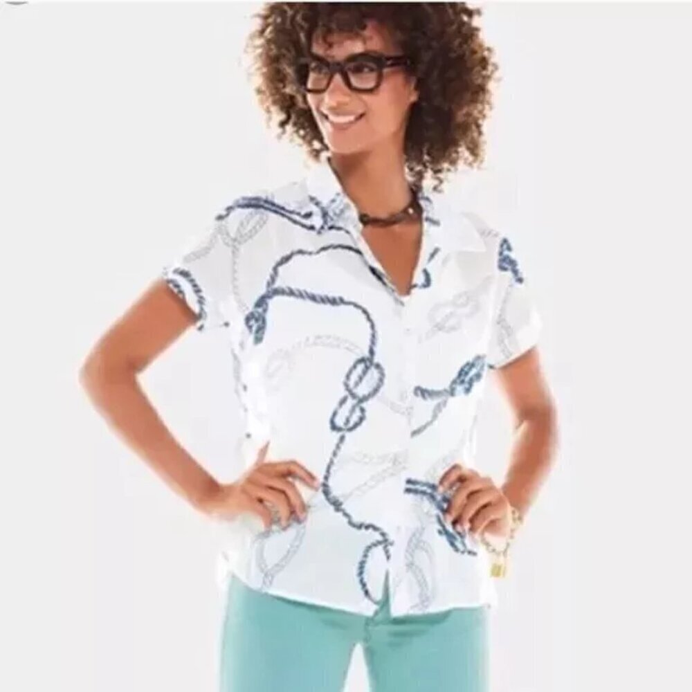 Cabi 5229 White Nautical Rope Print Button Up Blouse Shirt Size Medium Women’s